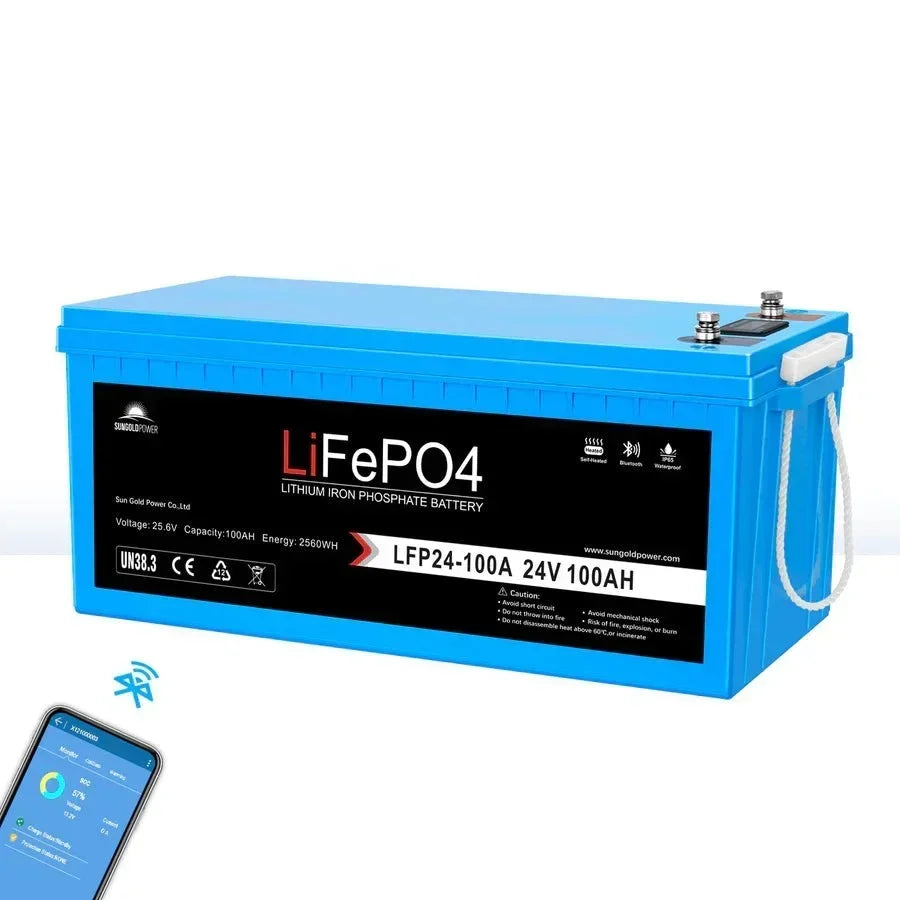 SunGoldPower 24V 100AH LifePO4 Deep Cycle Lithium Battery Bluetooth / Self-Heating / IP65 - Off Grid Stores