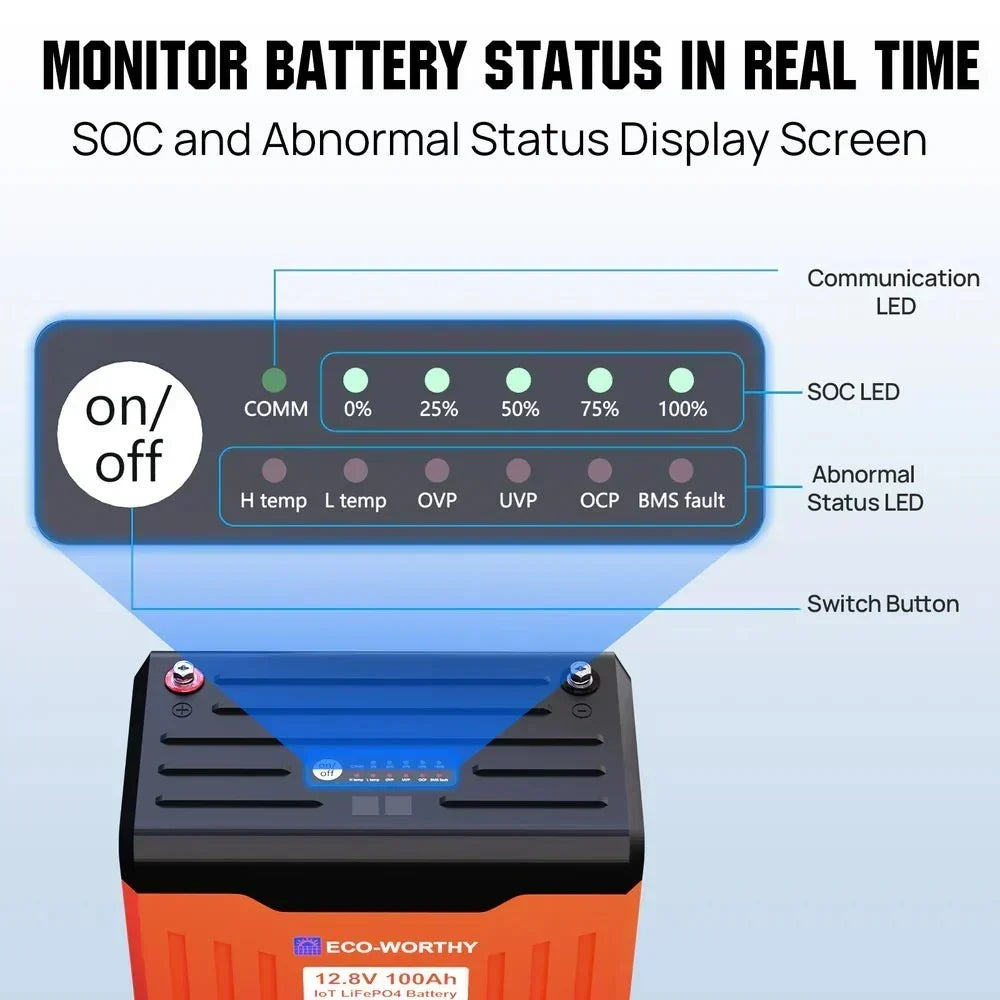 ECO-WORTHY 12V 100AH Lithium Battery with Battery Status Display and 100A BMS with Low-Temp Protection
